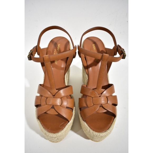 Saint Laurent Tribute Espadrille 85 Brown Ankle Strap Platform Wedge Sandal 40 - Picture 7 of 12
